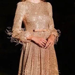 NWT ANTONIO MELANI x Nicola Bathie Nicola Sequin Belted Feathered A-Line Dress